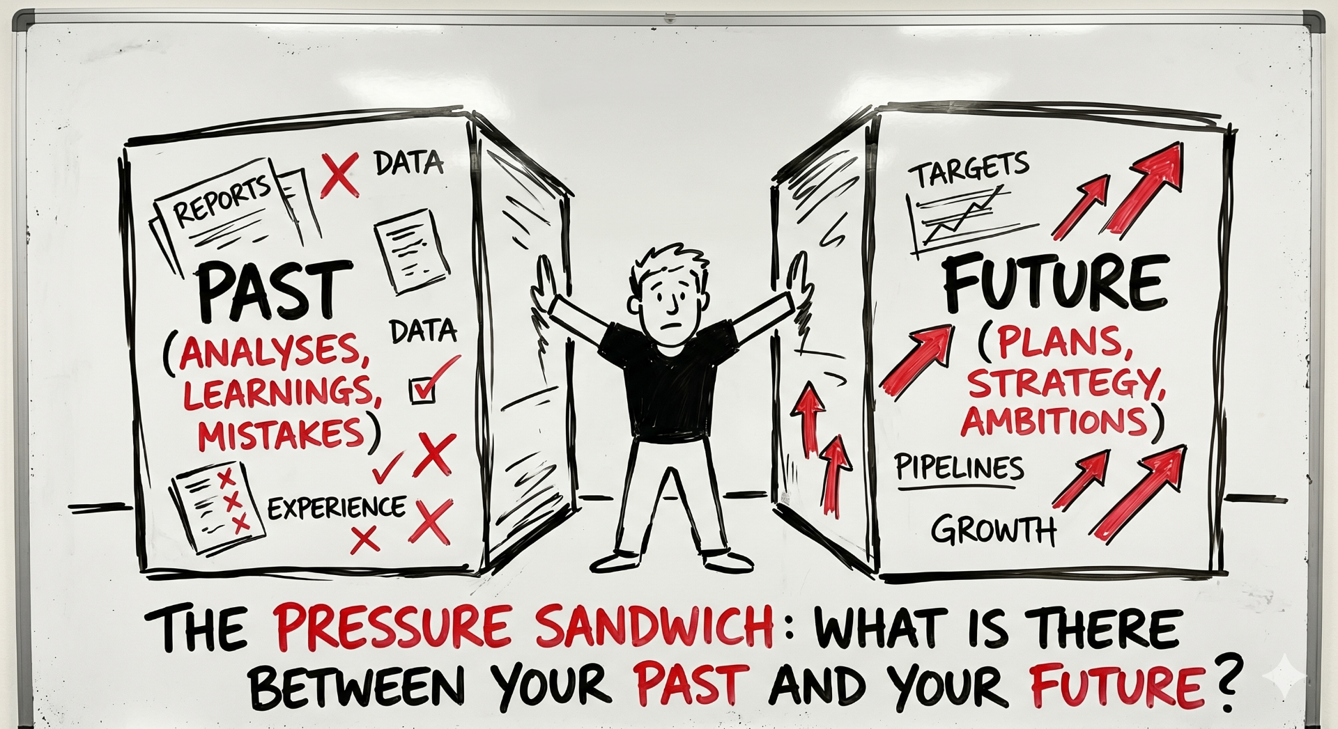 Whiteboard sketch: The Pressure Sandwich — what is there between your past and your future?