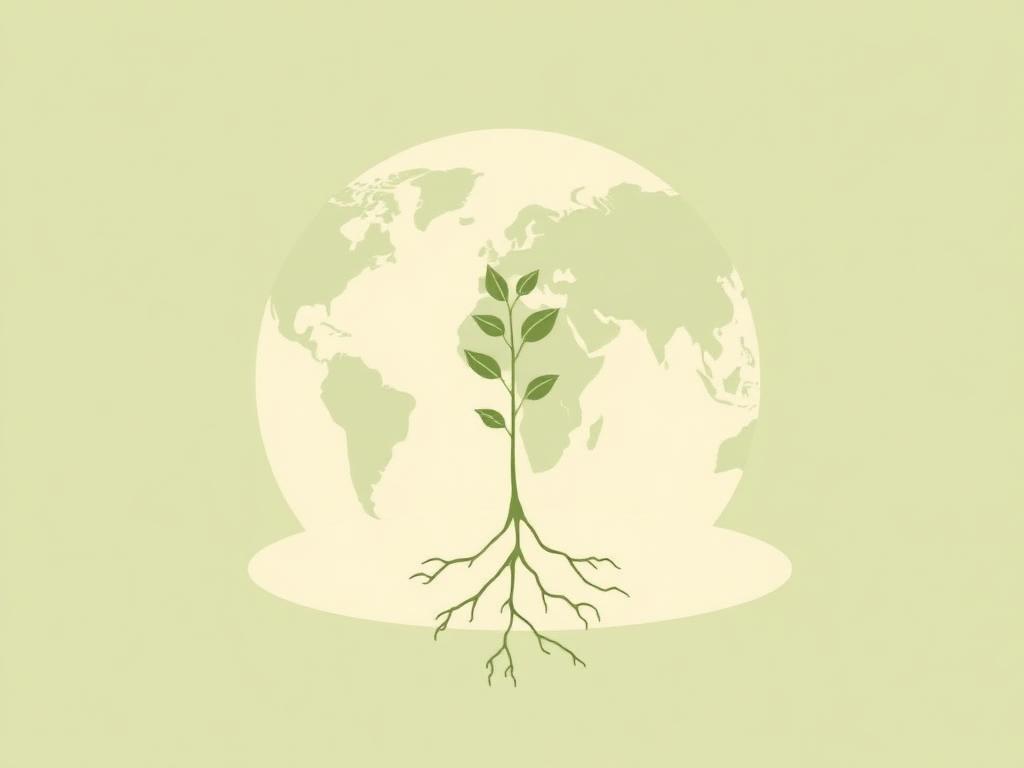 Illustration: a growing plant with roots in front of a globe, symbolizing slow personal transformation amid fast global change